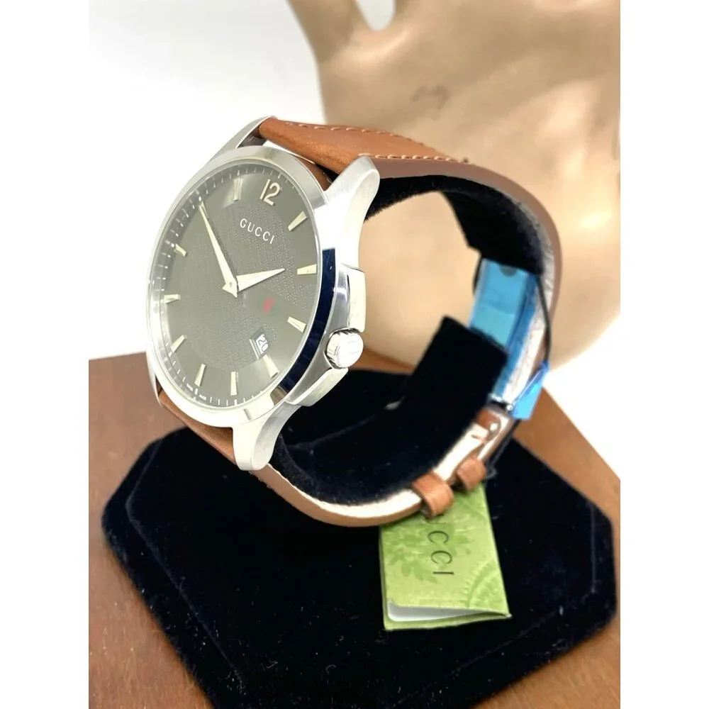Gucci Men's Watch YA126302 G-Timeless Swiss Quartz Gray Dial Brown Leather 40mm